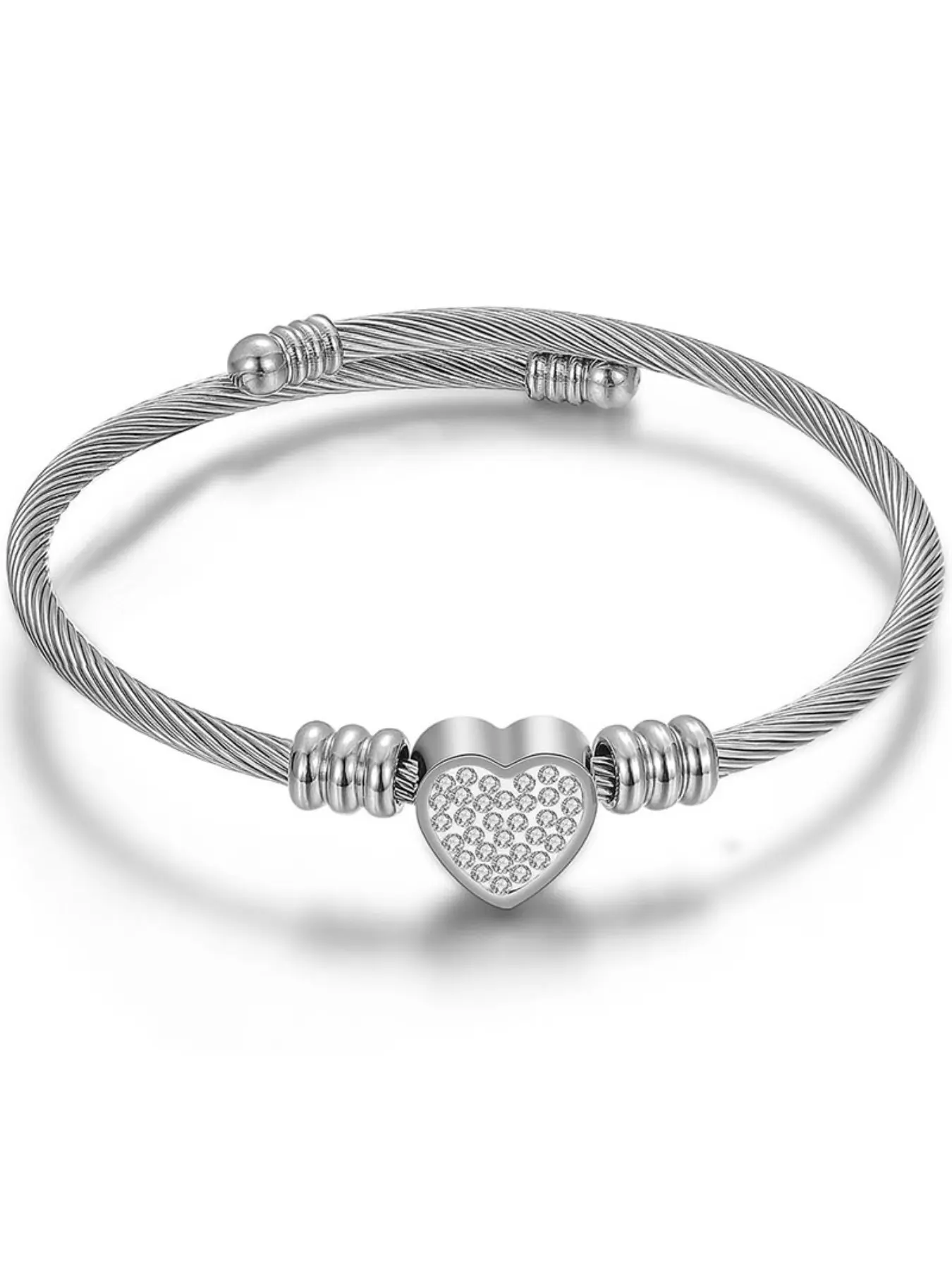 11mm Stainless Steel Heart Rhinestone Cable Wire Women's Open Adjustable Bracelet, Elegant Jewelry for Everyday Wear