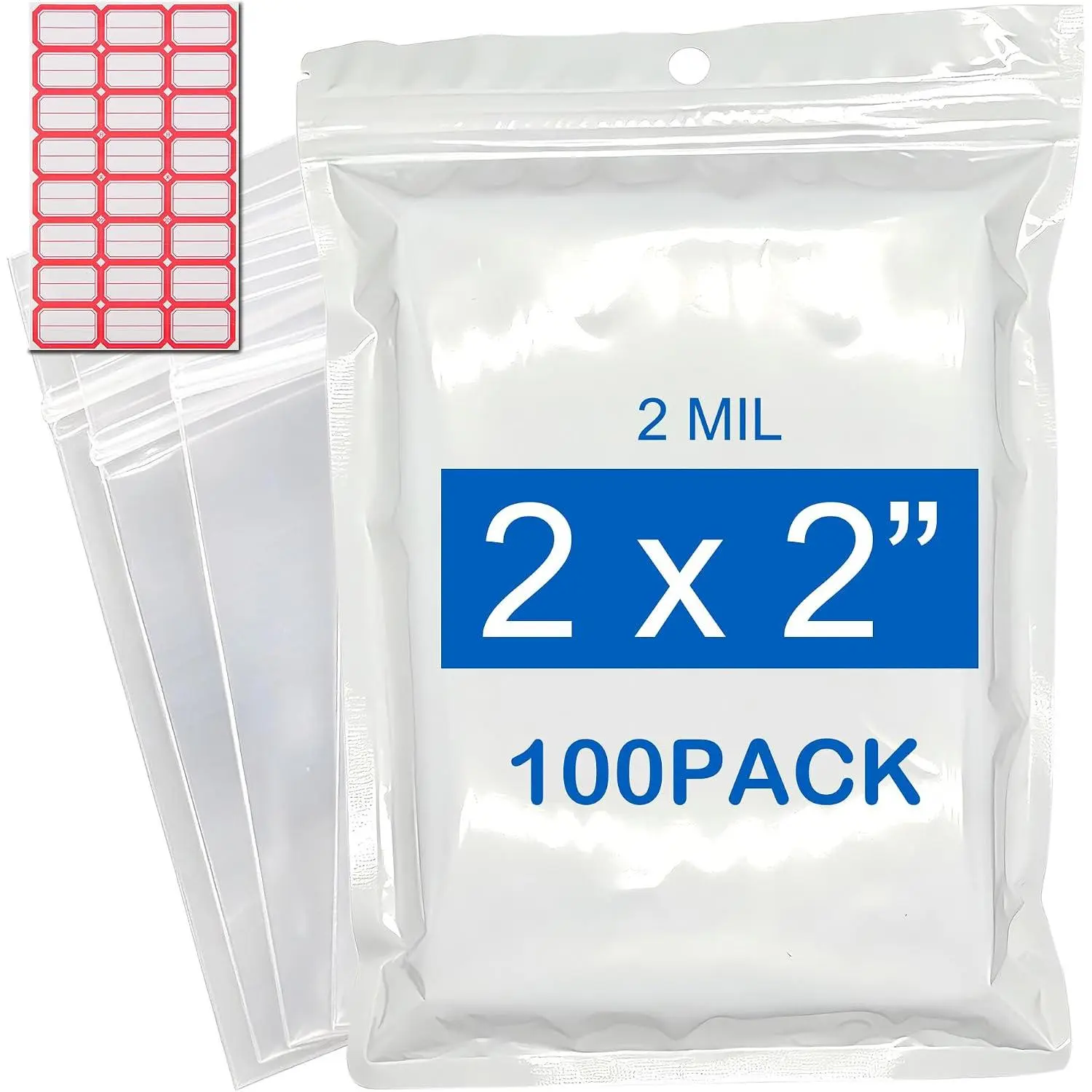 2''x 2'' (Pack of 100) Small Plastic Bags,Resealable  Bag Clear 2 MIL Thick, Zipper Lock Bags Clear for Photo, , Bakery, , Storage, Packaging & Shipping(Comes with 24 tags labels)