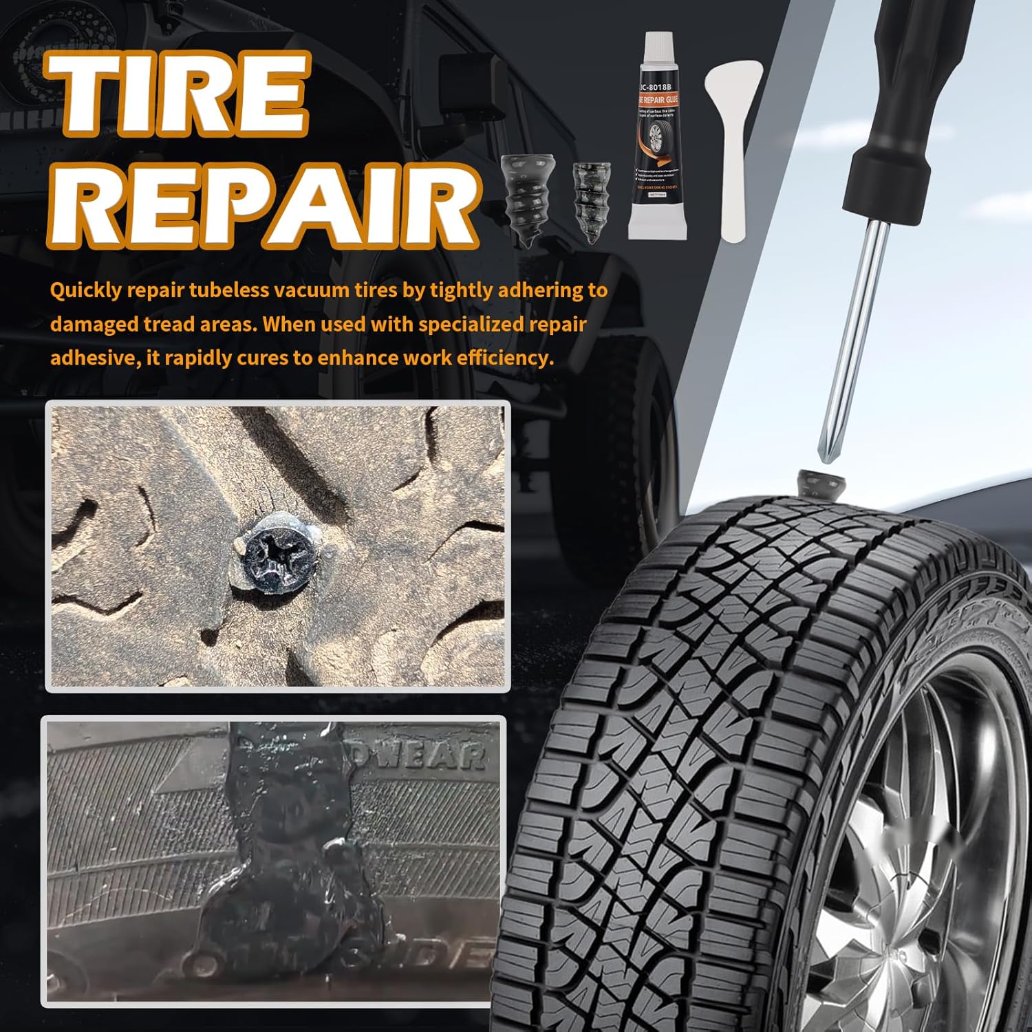 60PCS Car Tire Repair Rubber Nail Kit,Self-Tapping Tire Plug Kit Includes Tires Repairs Screws/Screwdrivers/Glue,Professional Tires Repair Screws Kits for Cars/Motorcycle