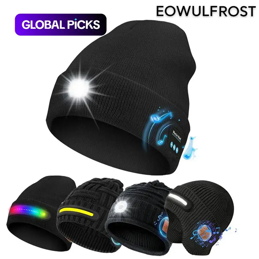 Wireless Beanie Hat with Light Headlamp Cap with Headphones and Speaker Mic, Gifts for Men Women, Headphone for Travel Wireless Headset Audio #GLOBAL PICKS
