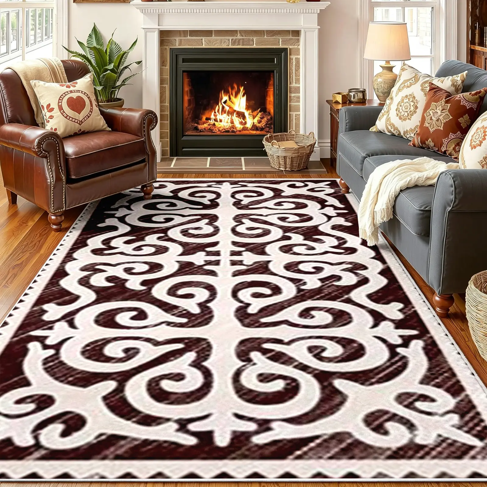Minimalist Cut-Out Area Rug, Dark Chocolate Base with Cream Symmetrical Scrollwork and Zigzag Border, Non-Slip Washable Carpet, Soft Durable Floor Mat, Aesthetic Rugs for Living Room Bedroom Home Decor, 8 x 10 ft Area Rugs