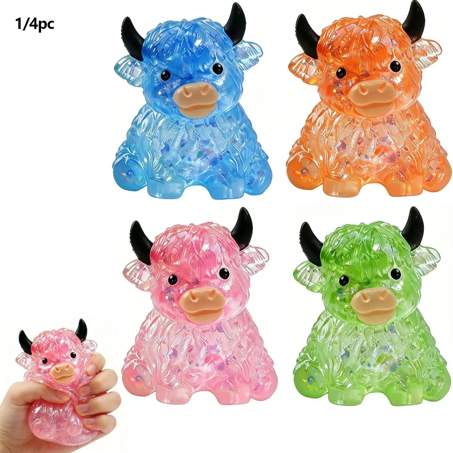 1/4pc Glitter Highland Cow Squishies Fidget Toy,Highland Cow Squishy,Cute Sensory Squeeze Toy for Adults,Soft Slow Rising Stress Relief Ball, Cute Sensory Squeeze Toy for Adults