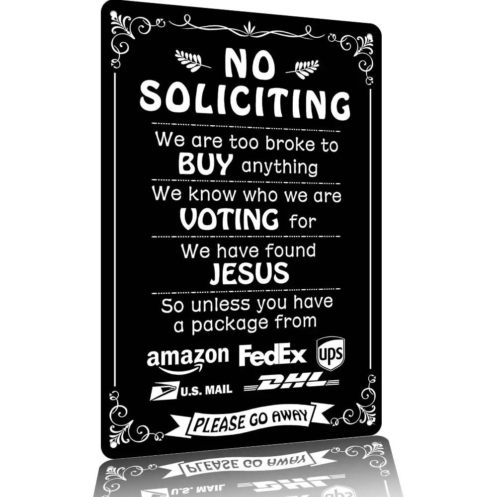 Black White Ornate Funny Household No Soliciting Aluminum Wall Sign 12×8in, Home Entryway Security Decor Plaque for Farmhouse Cottage Indoor Outdoor Front Gate Decoration