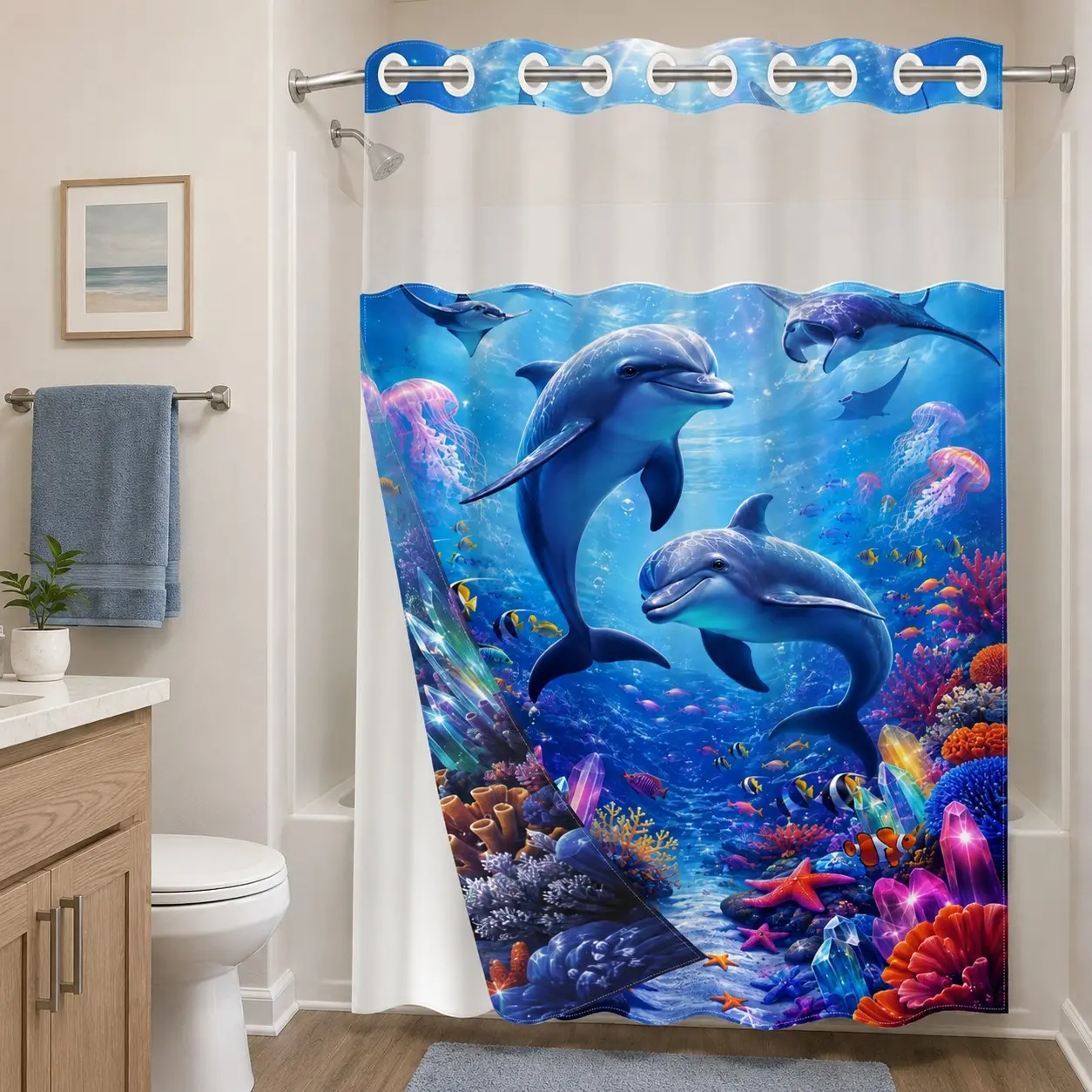 1 Pc Hookless Double Layer Shower Curtain, Underwater World Dolphin Print, Machine Washable Waterproof Mildew Resistant Fabric, Ocean Vibe Home Bathroom Decor, Removable Snap-in Liner, Top See-Through Curtain, Bathroom Divider - 71"×74"