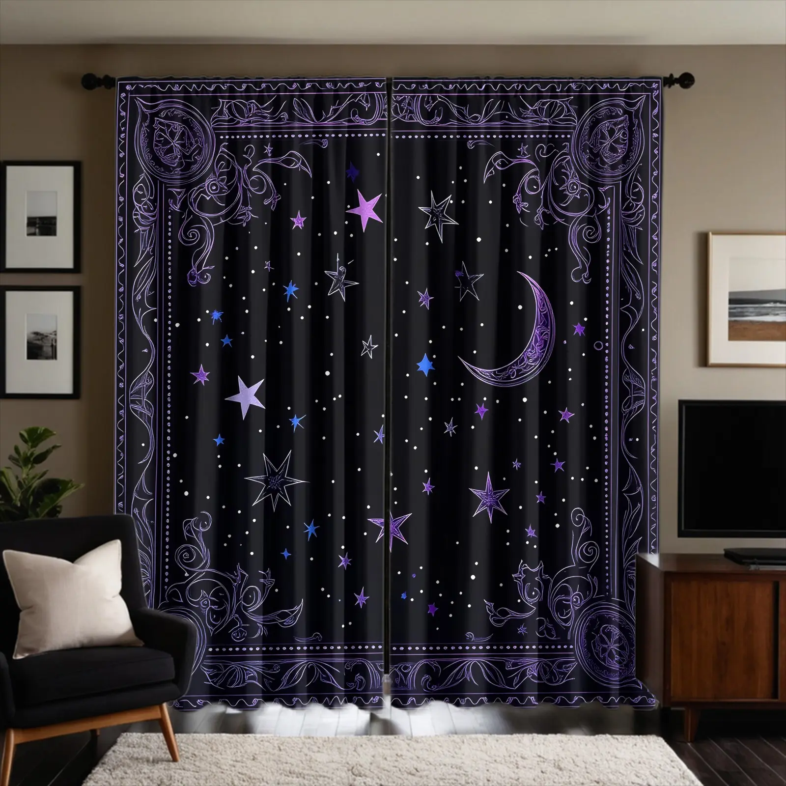 Vine Carvings Purple Star Moon Vintage Mysterious Style Curtains-2Pcs Split Rod Pocket Integrated Top Design No Drilling Installation-Astrology Enthusiast/Dark Style Bedroom Heat Insulation & UV Protection