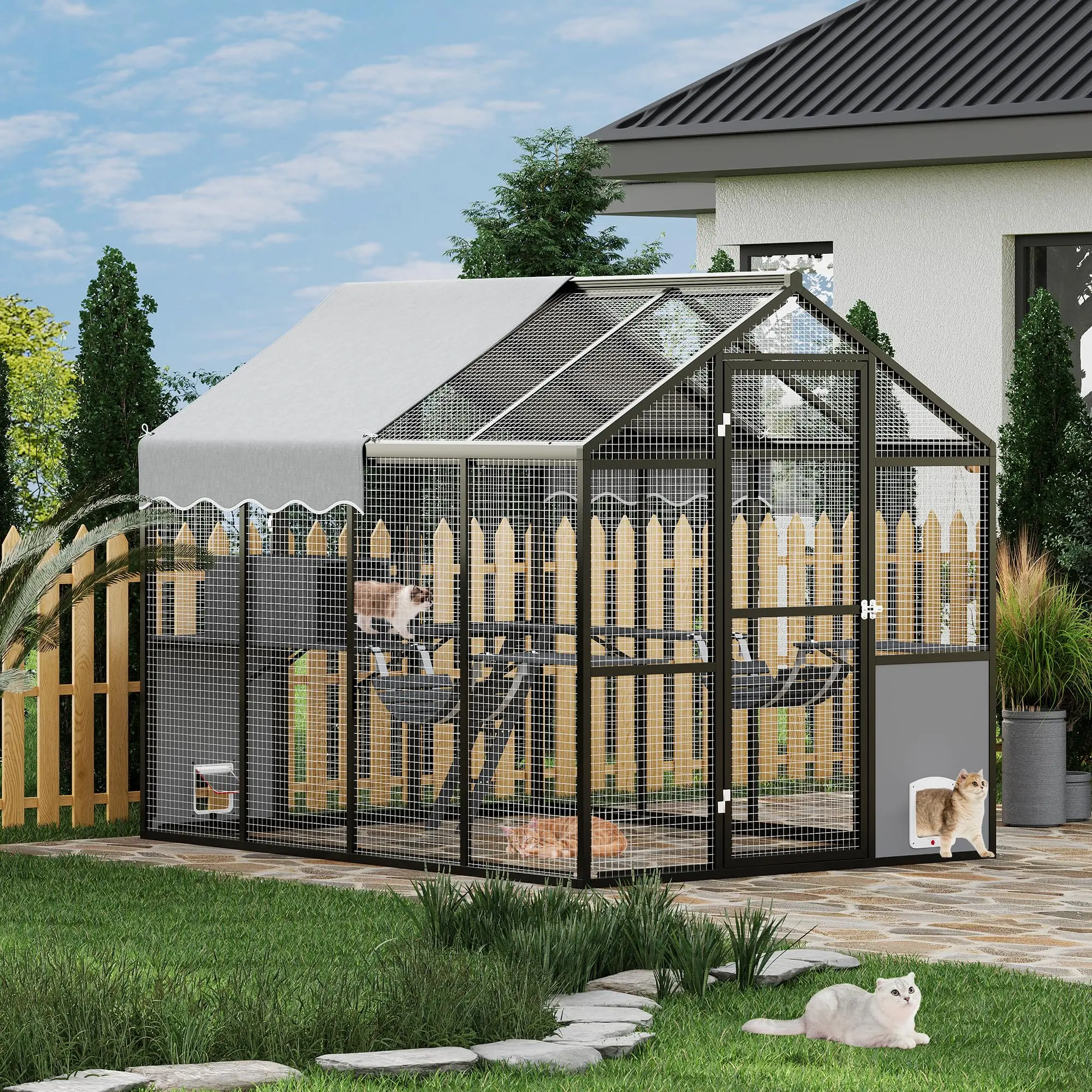 Aluminum Walk-In Catio – Large Outdoor Cat Enclosure for Multiple Cats, Weatherproof Roof with UV-Proof Cover, Side Door & Huge Condo – Ships in Multiple Boxes