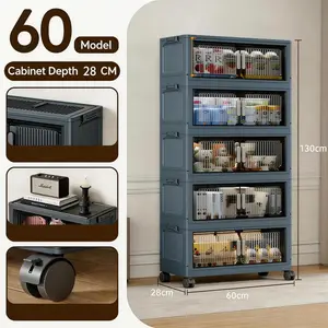 Multi Layer Movable Foldable Storage Cabinet Transparent Vertical Strip Door No Assembly With Brake Pulleys Home Study Book Stationery Shelf