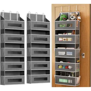 2 Pack 5 Tier Over The Door Organizer - Large Capacity Behind Door Hanging Shelves with 10 Mesh Pockets and Clear Windows, Closet Organizers and Storage for Bathroom, Bedroom, Nursery, Grey