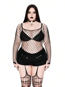 Women's Sexy Mesh Long Sleeve One-Piece Swimsuit, High Elasticity, European Style, Beachwear, Festival, Nightclub, Fashion Photography