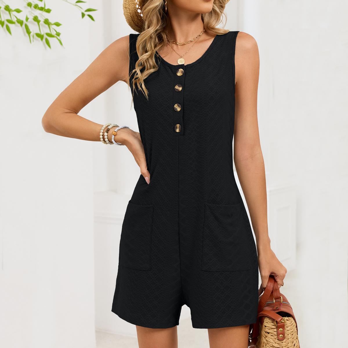 Comfortable Sleeveless Romper for Women Button Front Design Loose Fit Short Jumpsuit with Pockets for Beach Comfortable Sleeveless Romper for Women Button Front Design Loose Fit Short Jumpsuit with Pockets for Beach