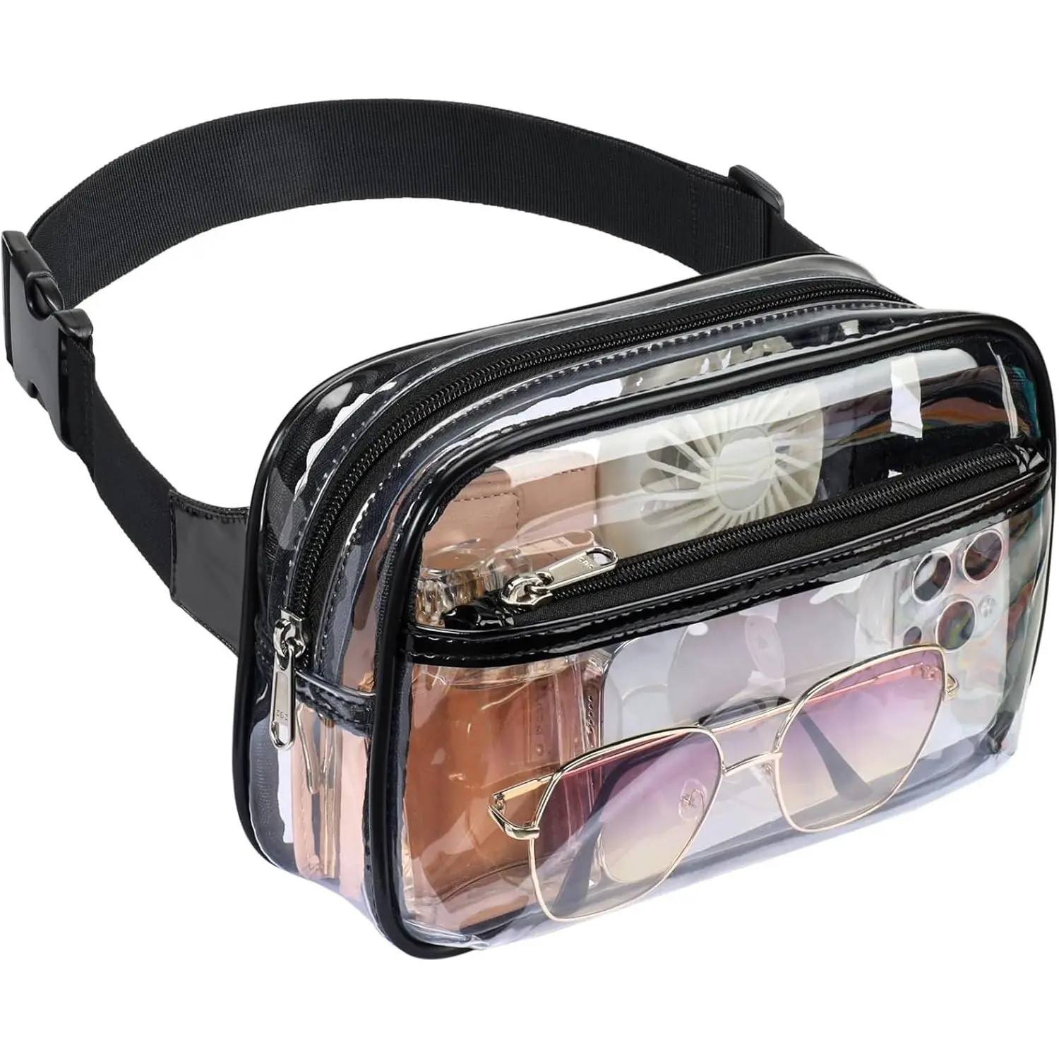 Clear Fanny Pack Stadium Approved - Women Waist Belt Bag, Black | Adjustable 35-51 in Strap, Hands-Free, 2 Easy-Access Pockets, Water-Resistant for Sports Game Day Concerts Festival