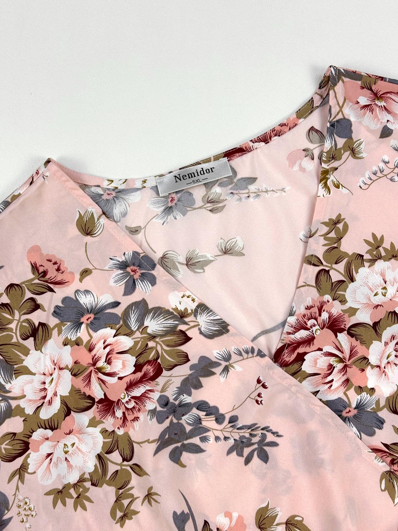 Plus Size Floral Print Ruffle Hem Belted Wrap A Line Dress, Boho Butterfly Sleeve V Neck High Low Midi Dress, Women Casual Clothing for Spring & Fall