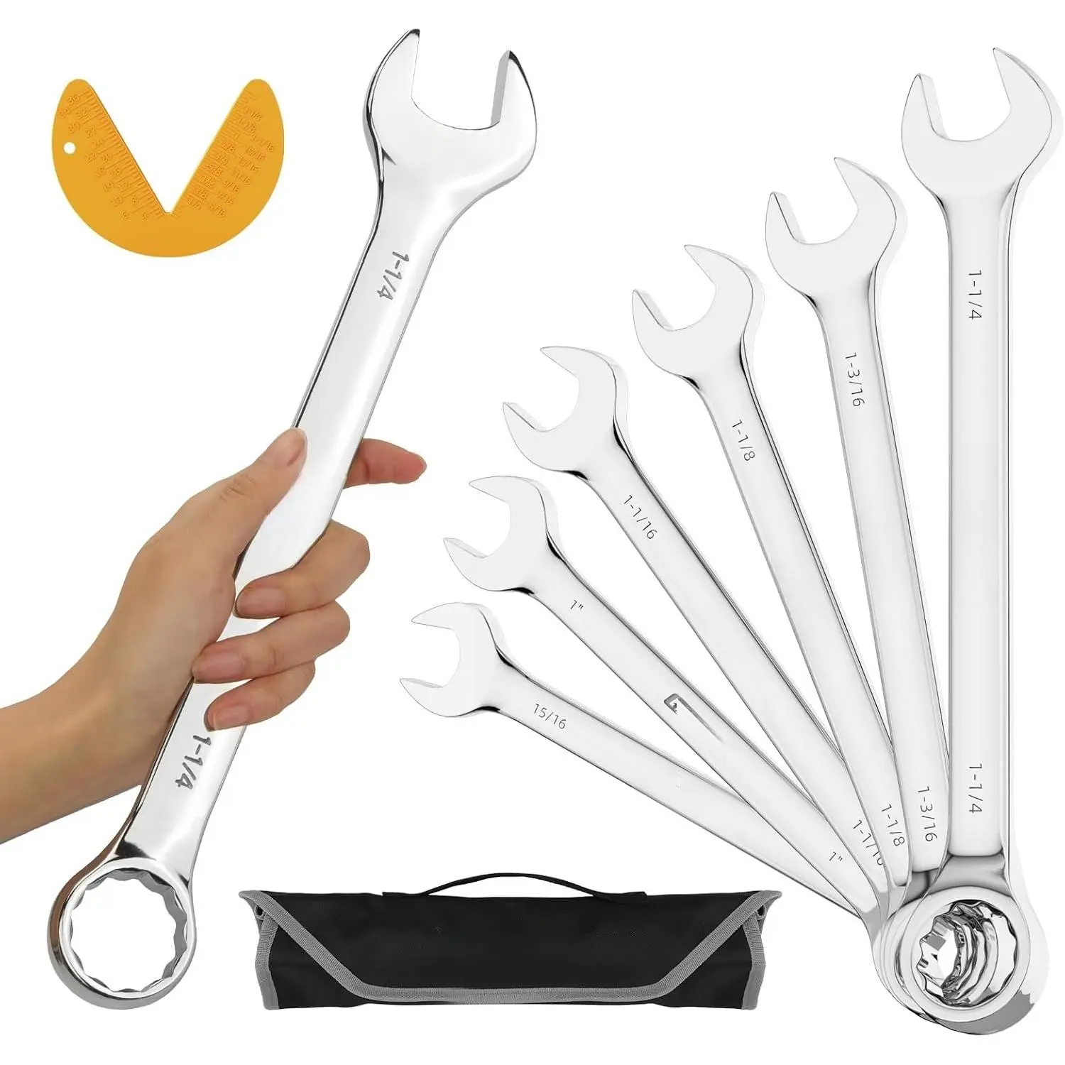 7 count SAE Large Wrench Set Combination Open End Wrench Big Wrenches | Includes 15/16" 1" 1-1/16" 1-1/8" /16" 1-1/4" Long Wrenches, 15° Offset 12pt Box End, Roll-Up Pouch & Gauge, CR-V Steel
