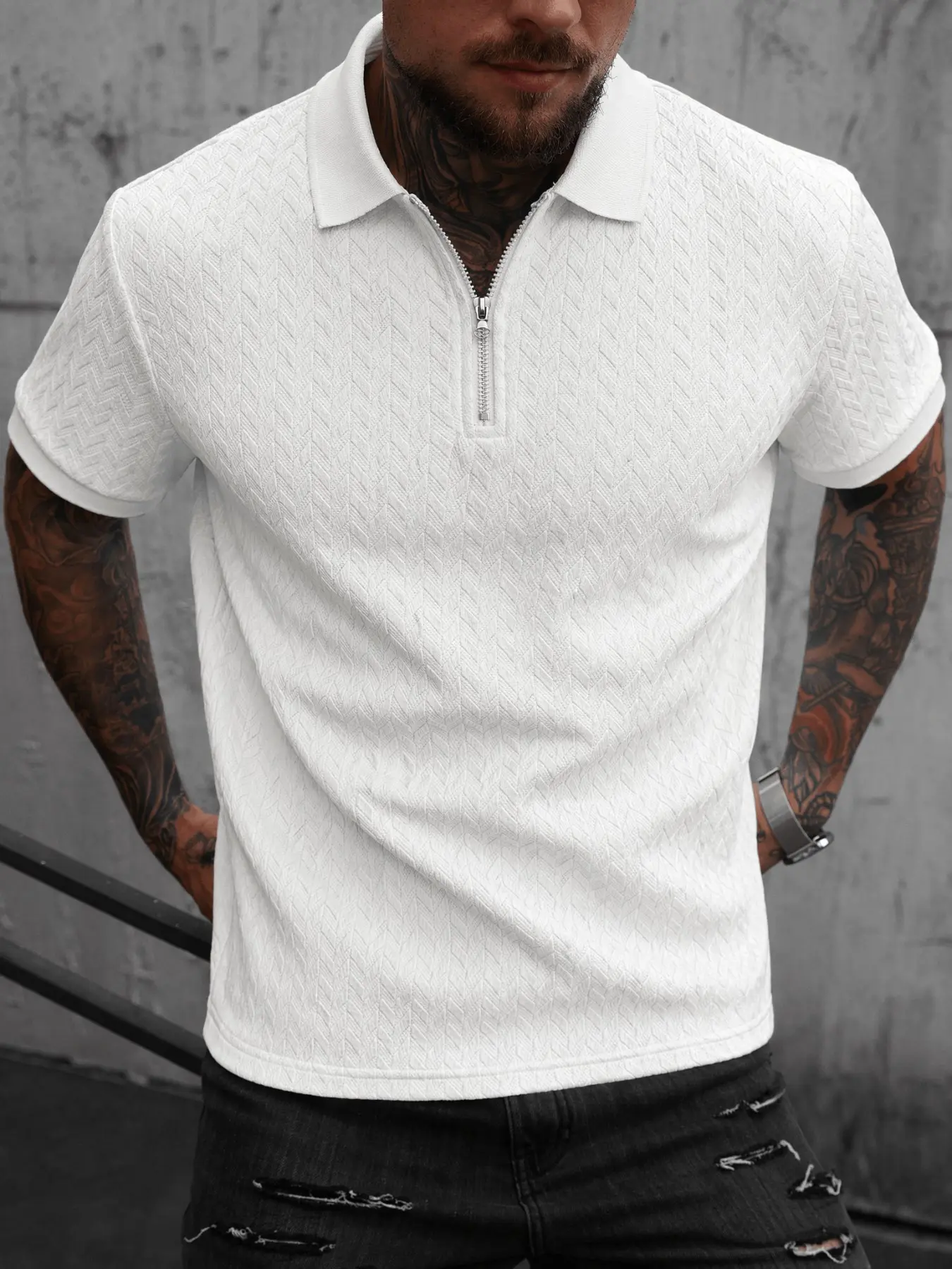 Men's Textured Knit Polo Shirt, Herringbone Jacquard Half-Zip Collar Short Sleeve, Slim Fit Casual Business Wear, Summer Comfortable, Collared Polo Shirt