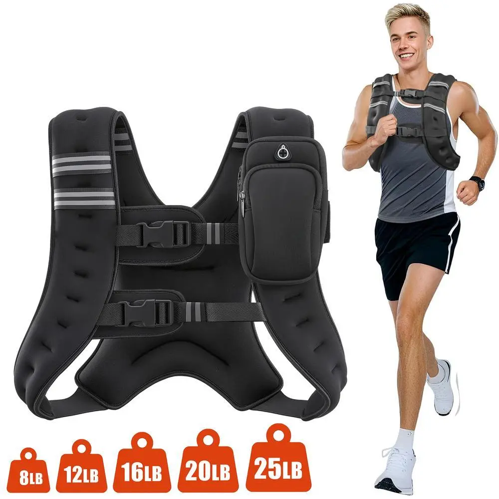 Weighted Vest 8/12/16/20/25lbs H-Type Secure Fit Workout Equipment, Mesh Phone Pocket Reflective Tape Rucking Vest Daily Outdoor Fitness Training