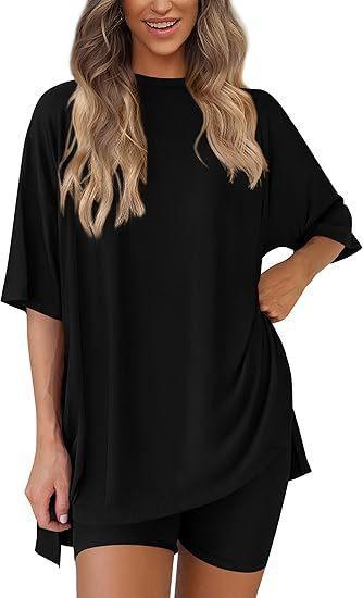 Women's 2-Piece Shorts Set Oversized T-Shirt with Side Splits and High Waist Shorts - Comfy Solid Lounge and Workout Outfit, XS-4XL