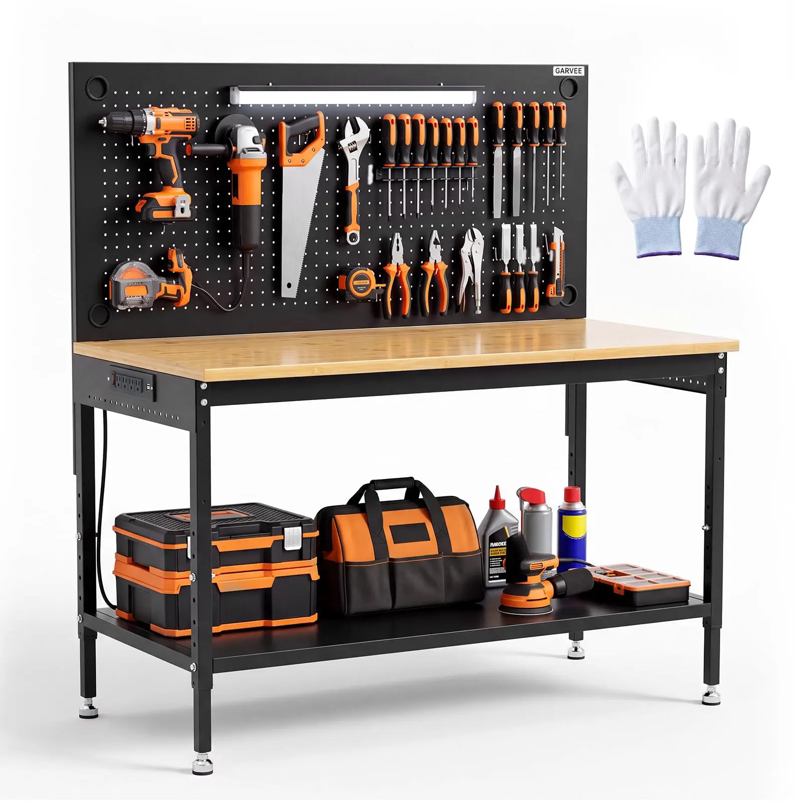 GARVEE 48 x 24-Inch Heavy-Duty Workbench with Pegboard, Steel Frame Work Table with Storage Shelf for Garage & Workshop, Black