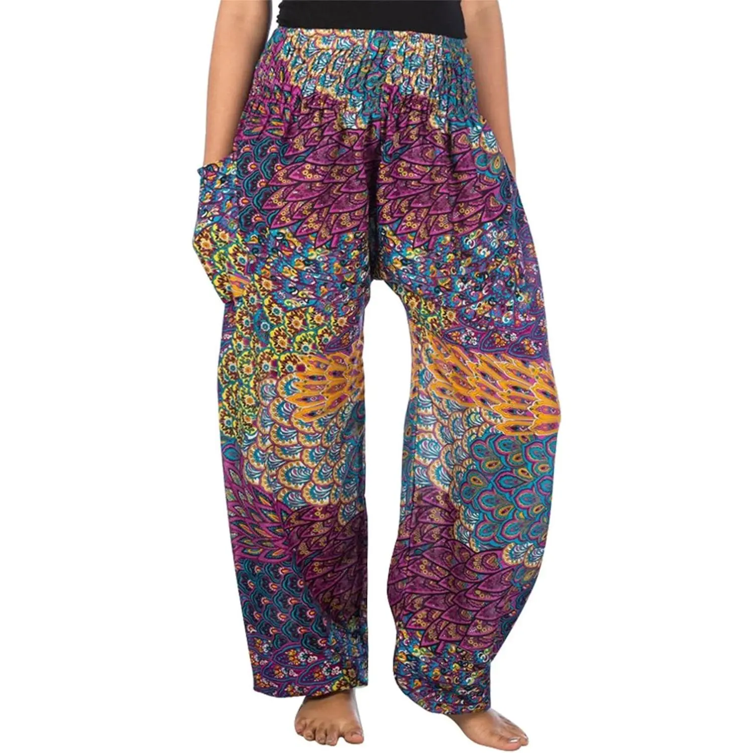Women's Yoga Harem Hippie Pants, S-4XL Plus Size Boho Clothing, Versatile for Beach, Party Use, Convertible to Dress, Shorts, Sweatpants (Gift), Light