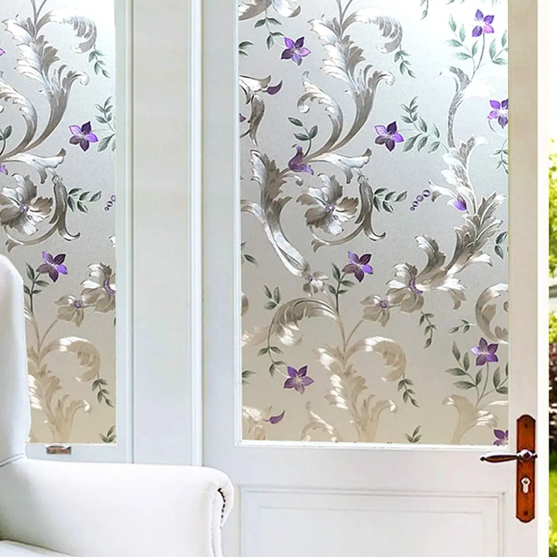 Flower Frosted Non Adhesive Decorative Window Film, Static Cling Glass Film, Removable  Door Film Window Cling, Stained Glass Window Decoration Heat Control & Anti UV, 11.8x78.5 inch