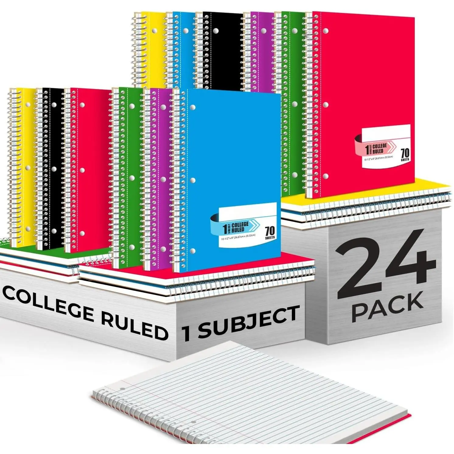 24 Pack Bulk Spiral Notebook, 1 Subject, College Ruled, 70 Sheets | Spiral Notebook Bulk, 8 x 10-1/2", 3 Hole Punched, Single Subject Bulk College Ruled Notebooks for School,  Colors
