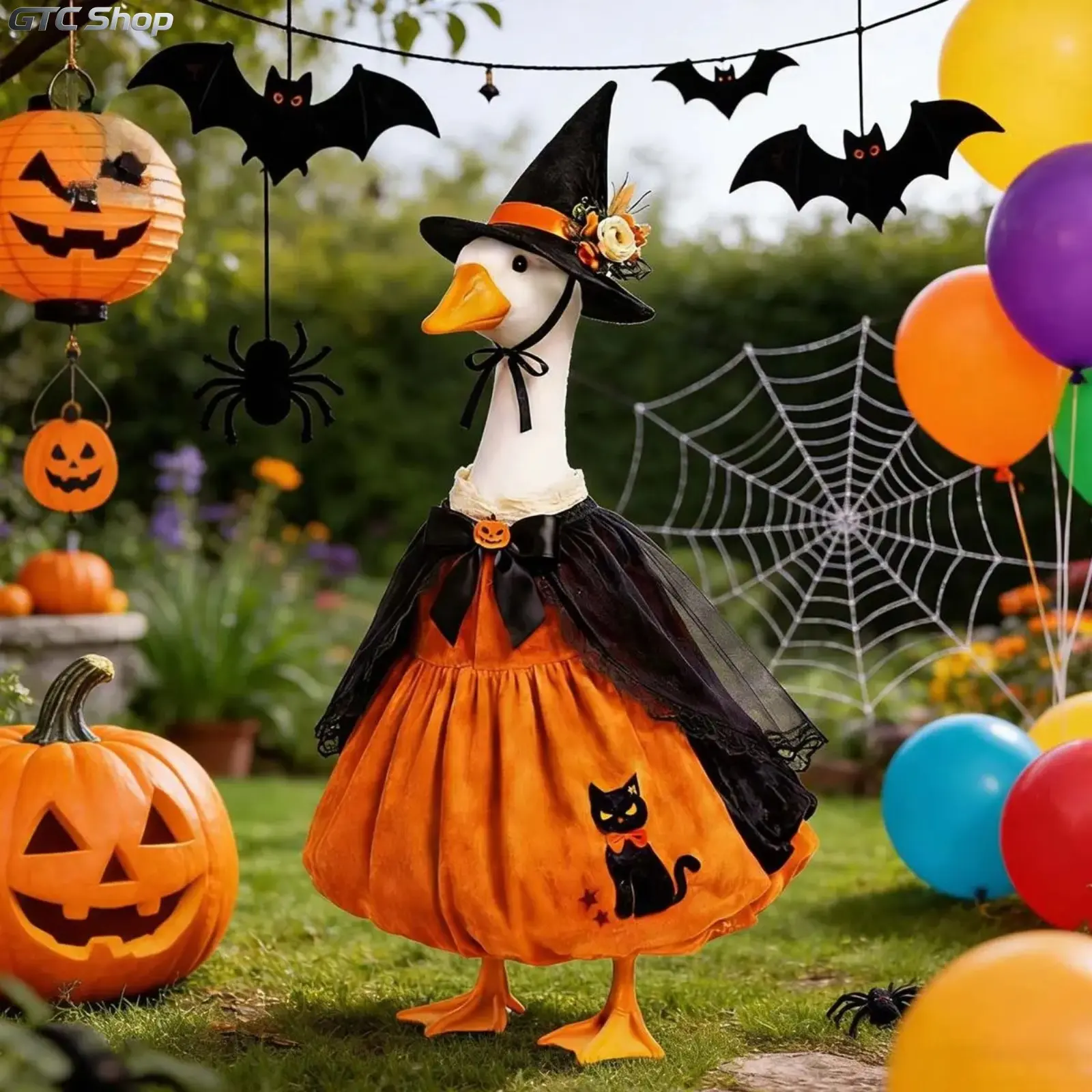 23 Inch Porch Goose Halloween Costume, Elegant Pumpkin Witch Outfit, Goose Black Cat Dress with Matching Hat, Decorative Garden Ornament Accessory for Outdoor Lawn Party Holiday Home Decor