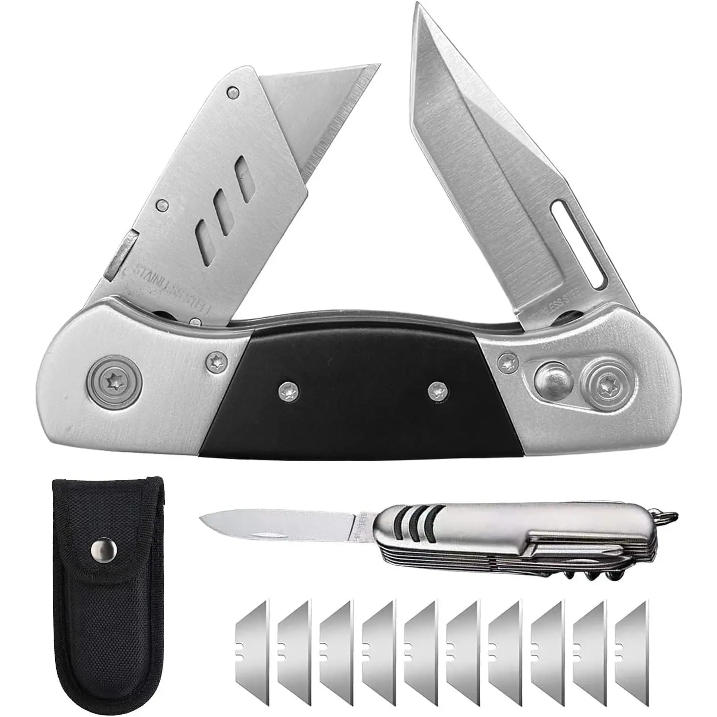Folding Utility Knife with Sheath and 10 Razor Blades, Heavy Duty Box Cutter Knife with Dual Blades, Construction Knifes Electrician Knife  Carpet Cardboard Work, Pocket Knives Set Gift  Men