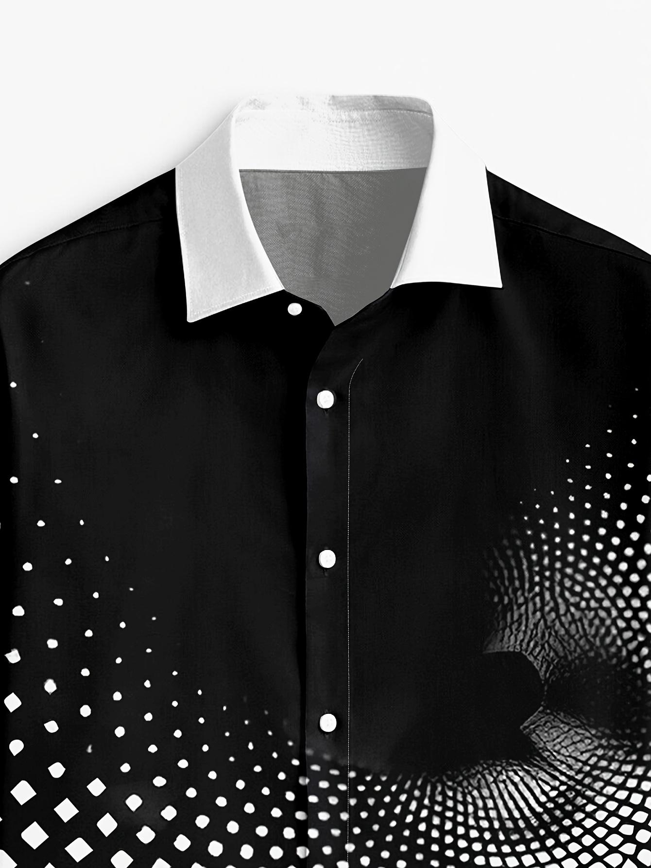 Men's Stylish Black & White Geometric Print Button-Up Shirt - Breathable Long Sleeve Casual Dress Shirt for Spring/Fall, Polyester Fabric, Eye-Catching Design, Autumn Fashion Top |     Modern Casual Shirt |     Smooth Texture Shirt233