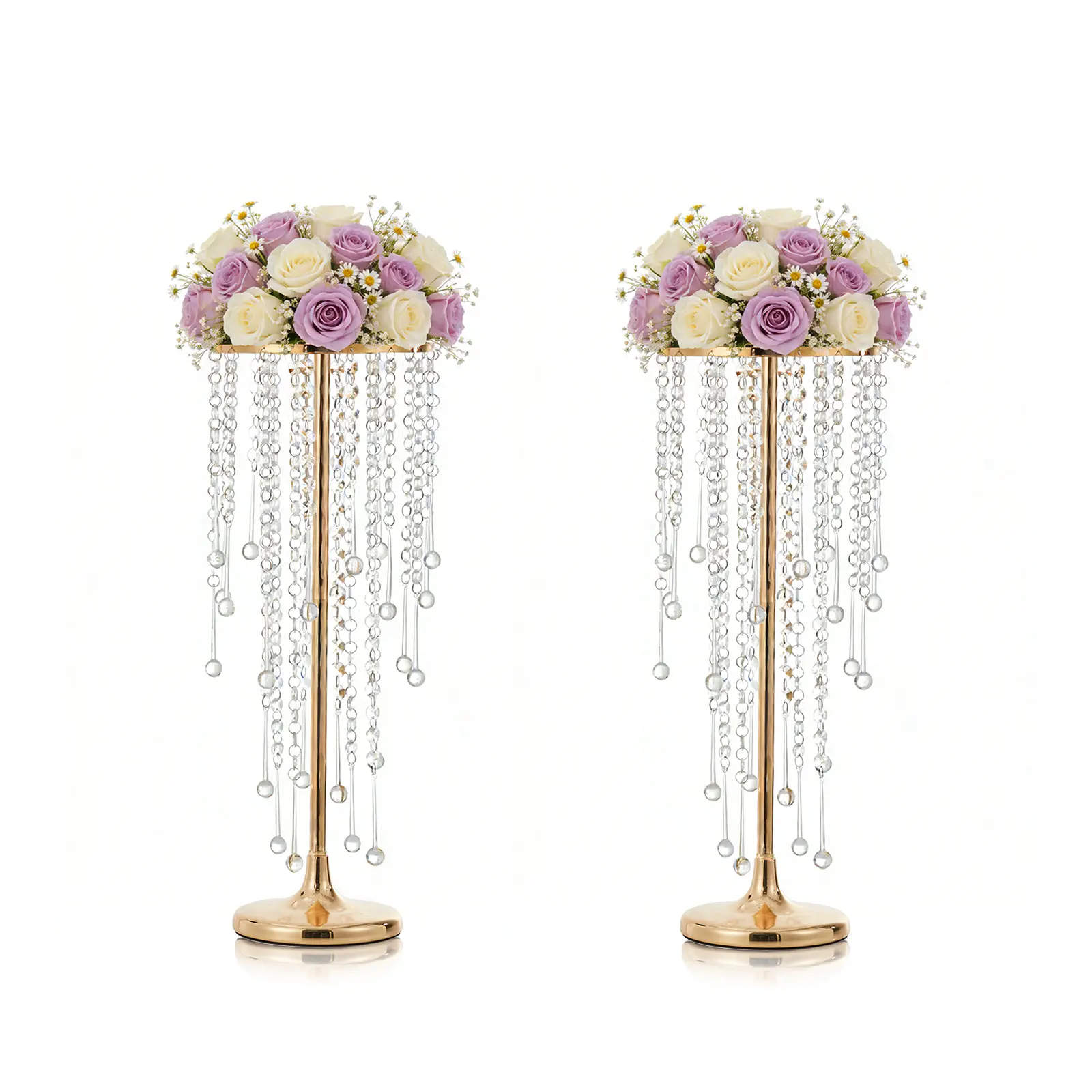 2PC Gold Metal Candle Holder Centerpiece with Crystal Bead Vases – Modern Rust-Resistant Table Decor, Elegant Flower Stand