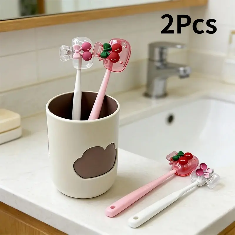 2Pcs Cherry Design Elements Paired with Toothbrush Head Protective Cover, Bathroom Toothbrush Head Dust Cap, Toothbrush Protector, Suitable for Home or Travel Carrying
