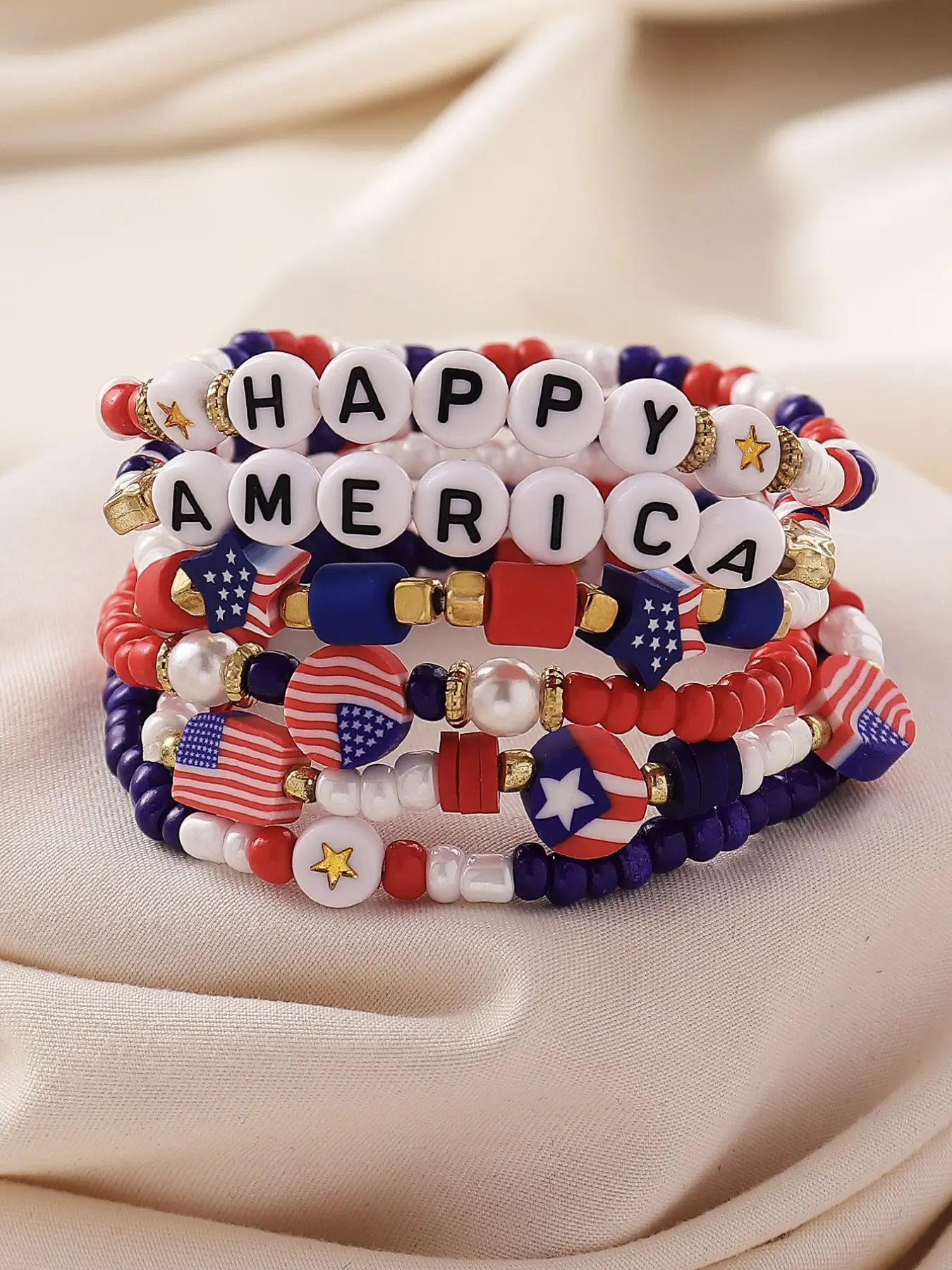 6 Pcs Bohemian Independence Day Beaded Bracelets, Elastic Letter Stack, Perfect Gift for Women, Party, Holiday, Casual Wear