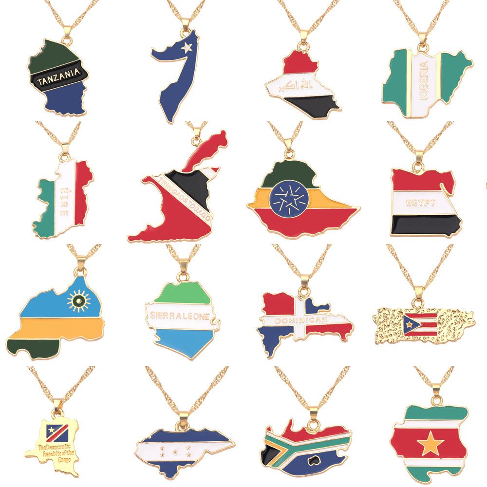 World Country Map Flag Pendant Necklace Gold Plated Alloy Charm Necklaces National Pride Jewelry for Men Women