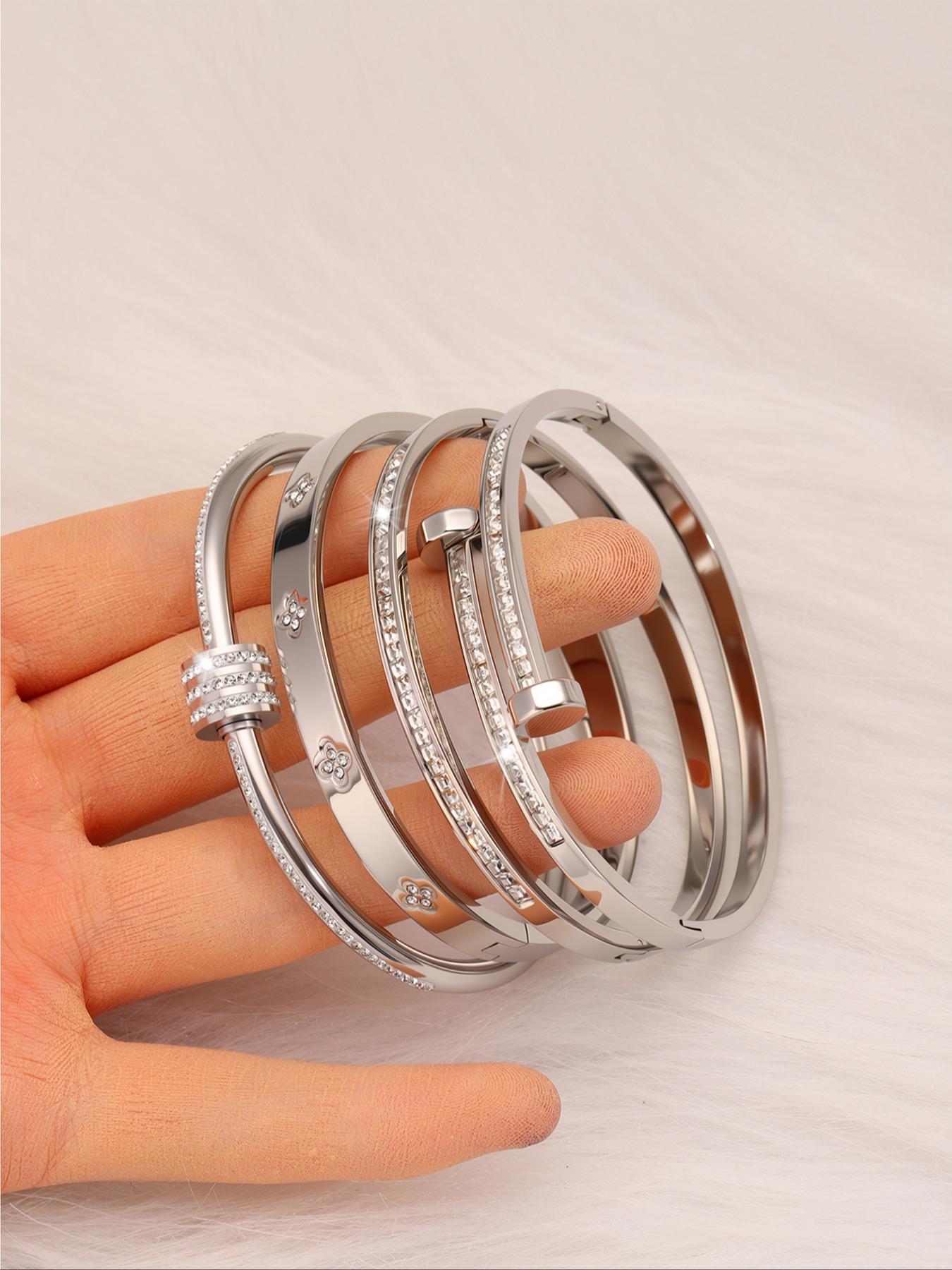 Elegant Stainless Steel Set, Stylish Daily Wear Jewelry, Perfect for Vacation, Fashionable Accessory for All Seasons, Trendy Stack Bangle, Stainless Steel Bracelets