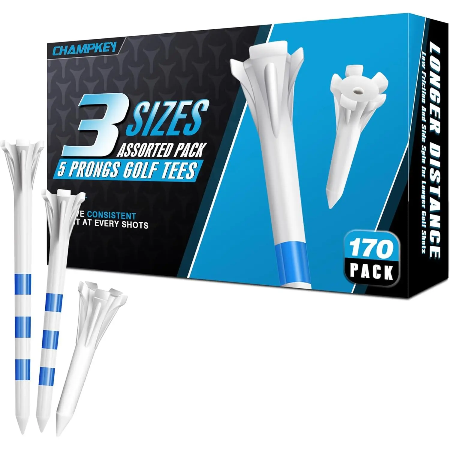 Professional 170 Pack 5-Prong Plastic Golf Tees 3 Sizes Assorted Pack - 100 Pcs 3-1/4" with 40 Pcs 2-3/4" and 30Pcs 1-1/2" Golf Tees Plastic