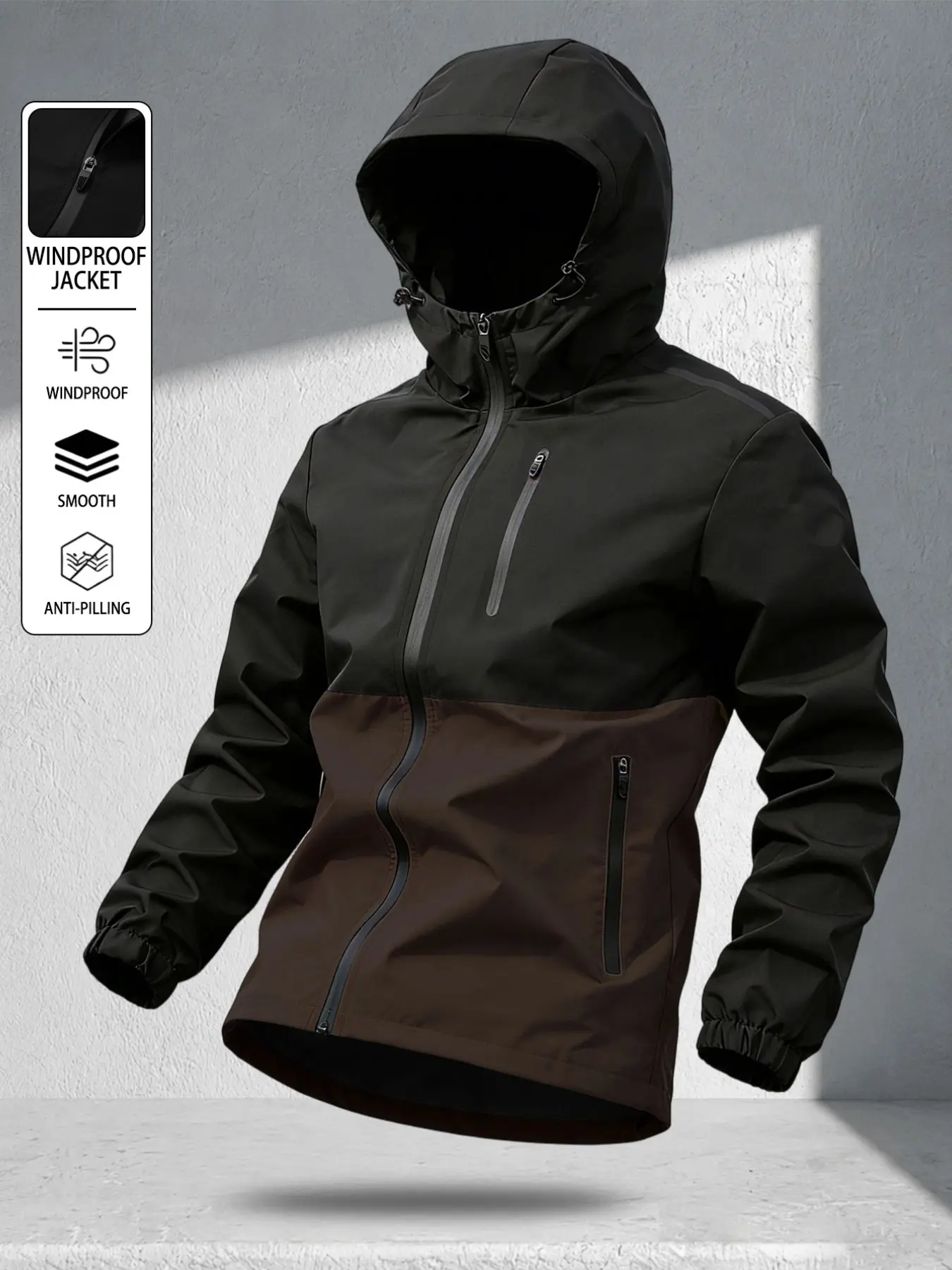 Men's Hooded Jacket Coat, Zipper Closure, Patchwork Design, Casual Long Sleeve, Comfortable Fit, All Seasons, Ideal for Daily Wear