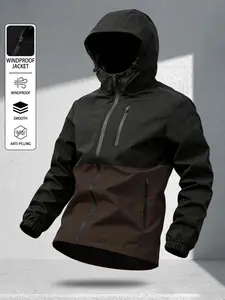 Men's Hooded Jacket Coat, Zipper Closure, Patchwork Design, Casual Long Sleeve, Comfortable Fit, All Seasons, Ideal for Daily Wear