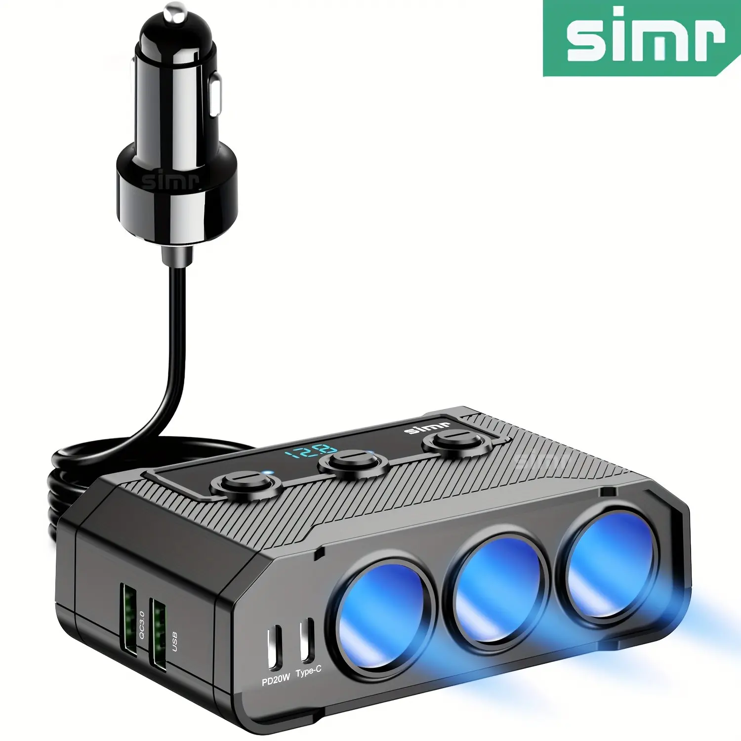 Simr Cigarette Lighter Plug Splitter, 7-In-1 Fast Charging Car Charger Adapter, Multiport Charger, Car Outlet Adapter, 3 Sockets, Type-C & Qc3.0, Pd20w, 2 USB Ports, 120w Switches, LED Indicator