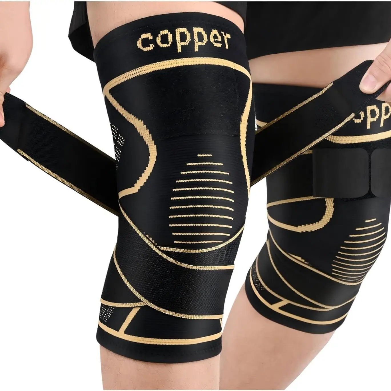 2 Pairs Copper Ion Knee Braces with Straps, High Elasticity Sports Knee Guards, Knee Compression Brace, Ideal for Running, Basketball, Weightlifting, Yoga, Fitness