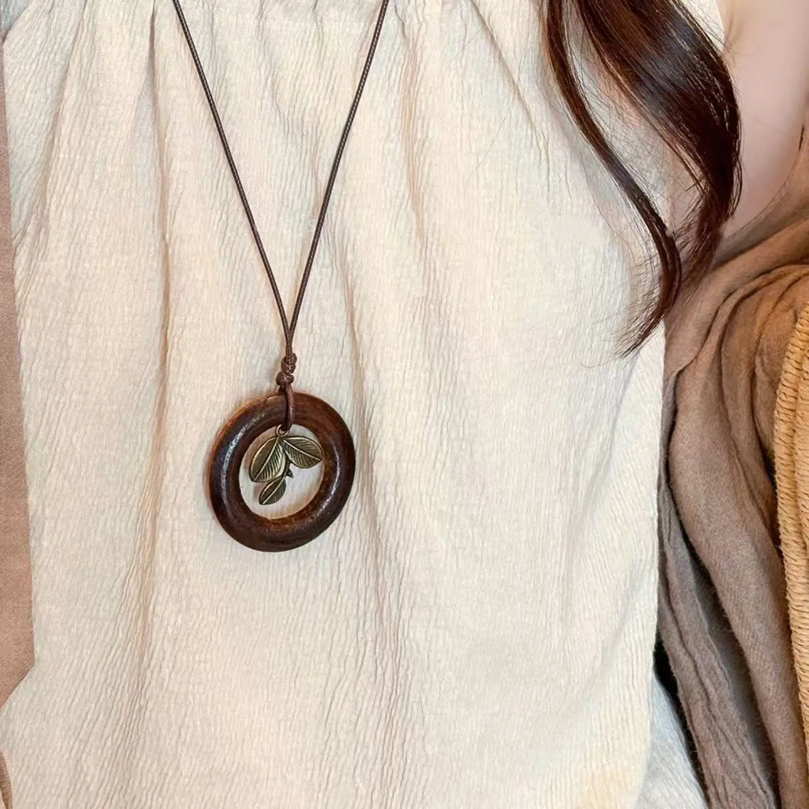 Vintage Chinese-Style Wooden Bead Long Sweater Necklace - Zen Boho Adjustable Wax Rope Jewelry with Natural Bodhi Seed, Leaf & Peace Circle Pendants, Lightweight Retro Layering Accessory for Camping Hiking Hammock Outfits, Accessories
