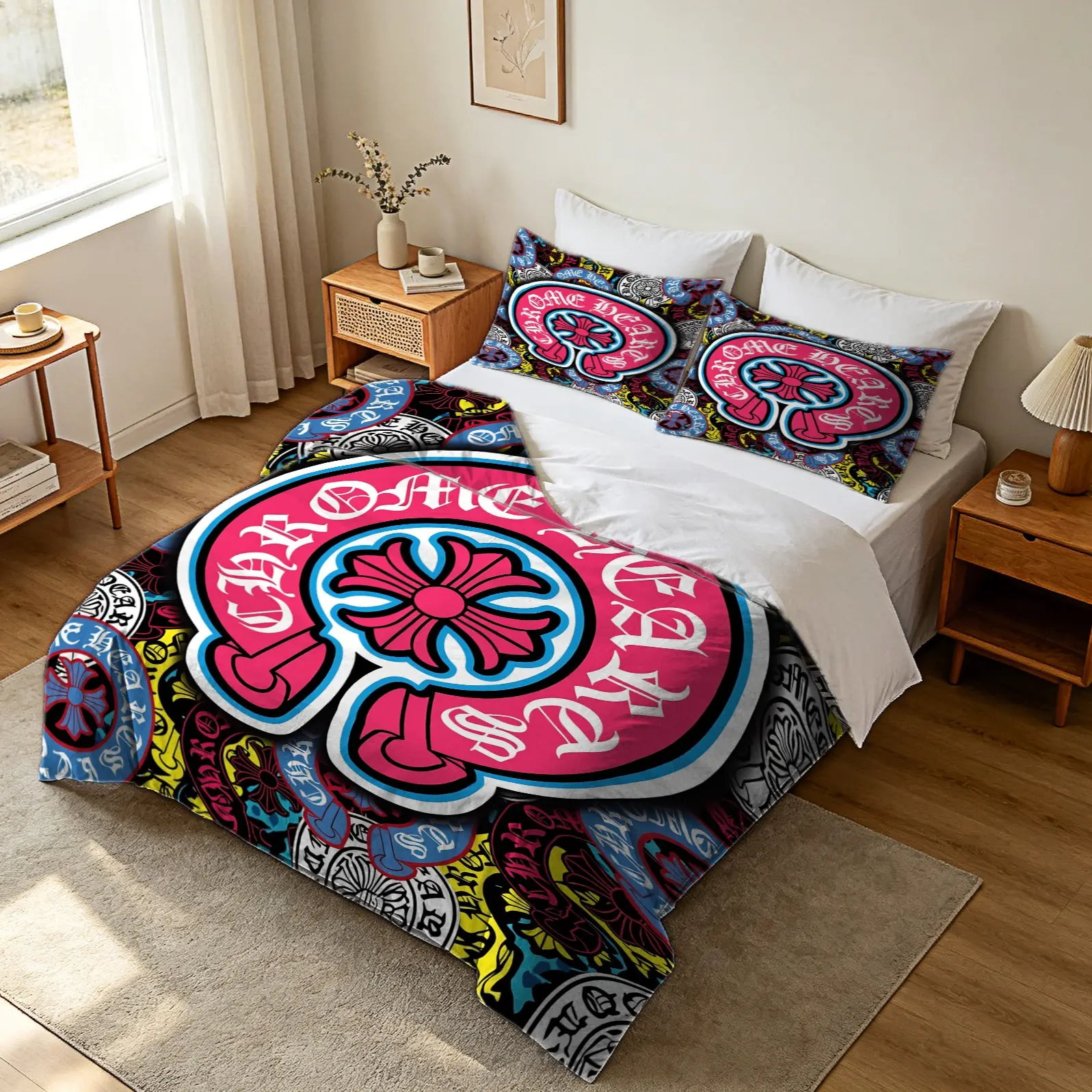 2/3Pcs Gothic Cross & Horseshoe Duvet Cover Set,  Fade-Proof Digital Printb Comforter Cover, Vintage Scroll Motifs Bedding Set, Soft Microfiber Bedding,Trendy Aesthetic Decor for Teens Adults & Streetwear Gothic Lovers, Decorative Bedding Set