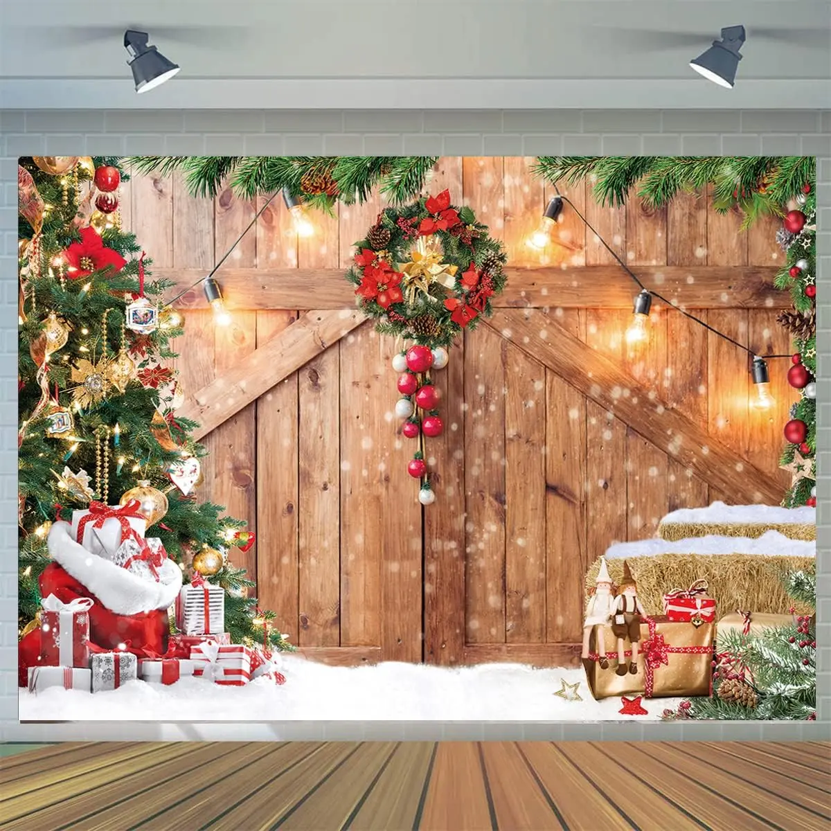 7x5FT Christmas Barn  Door Photography Backdrop Xmas Tree Snow  Wall Floor Party Photo Background for Holiday  Year Party Banner Family Holiday Party Supplies D554