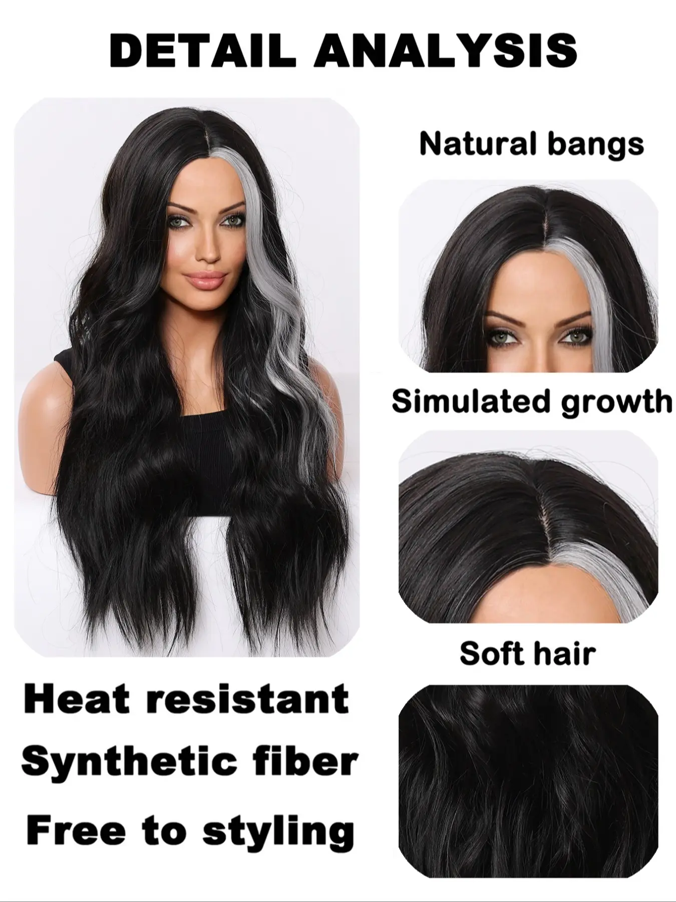 26inch Women's Wavy Micro Curl Wig, Highlighted Bangs, Zebra Stripe, Heat-Resistant Synthetic Fiber, Party Fashion Wig, Long Wavy Wig