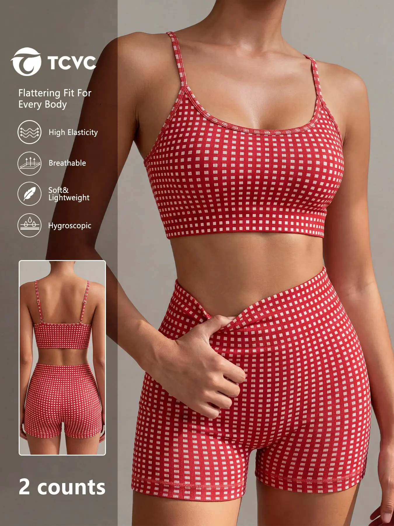 Women's Vintage Plaid Activewear Clothing Set, Slim-Fit Tank Top with Padded Bra, High-Waisted Shorts, Ideal for Yoga, Fitness, Travel, Active Sets