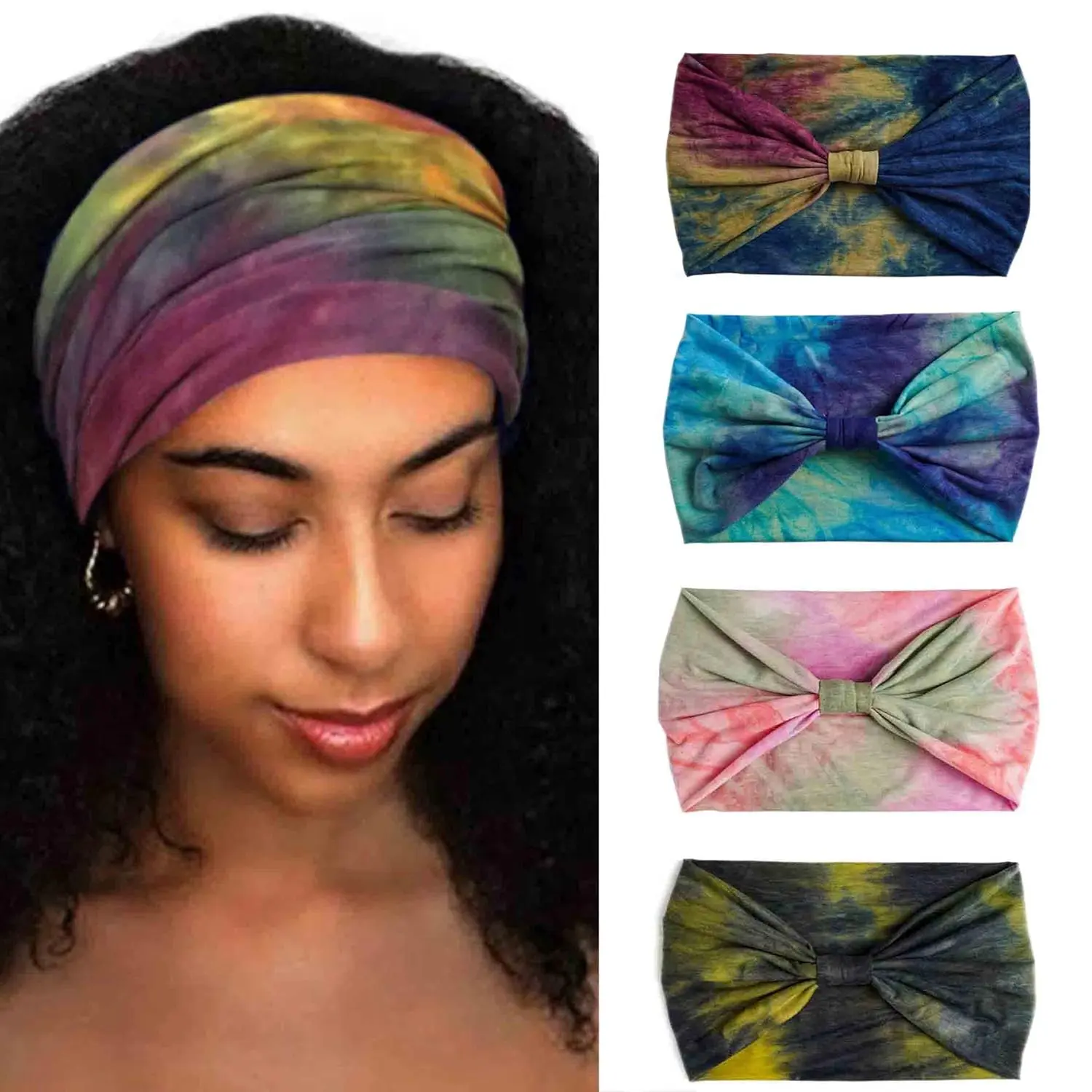 Wide Headbands Stretch Turban Knotted Hairbands Elastic Yoga Workout Sweatband Running   Scarf Large   Wraps for Women 4 count (Set A)