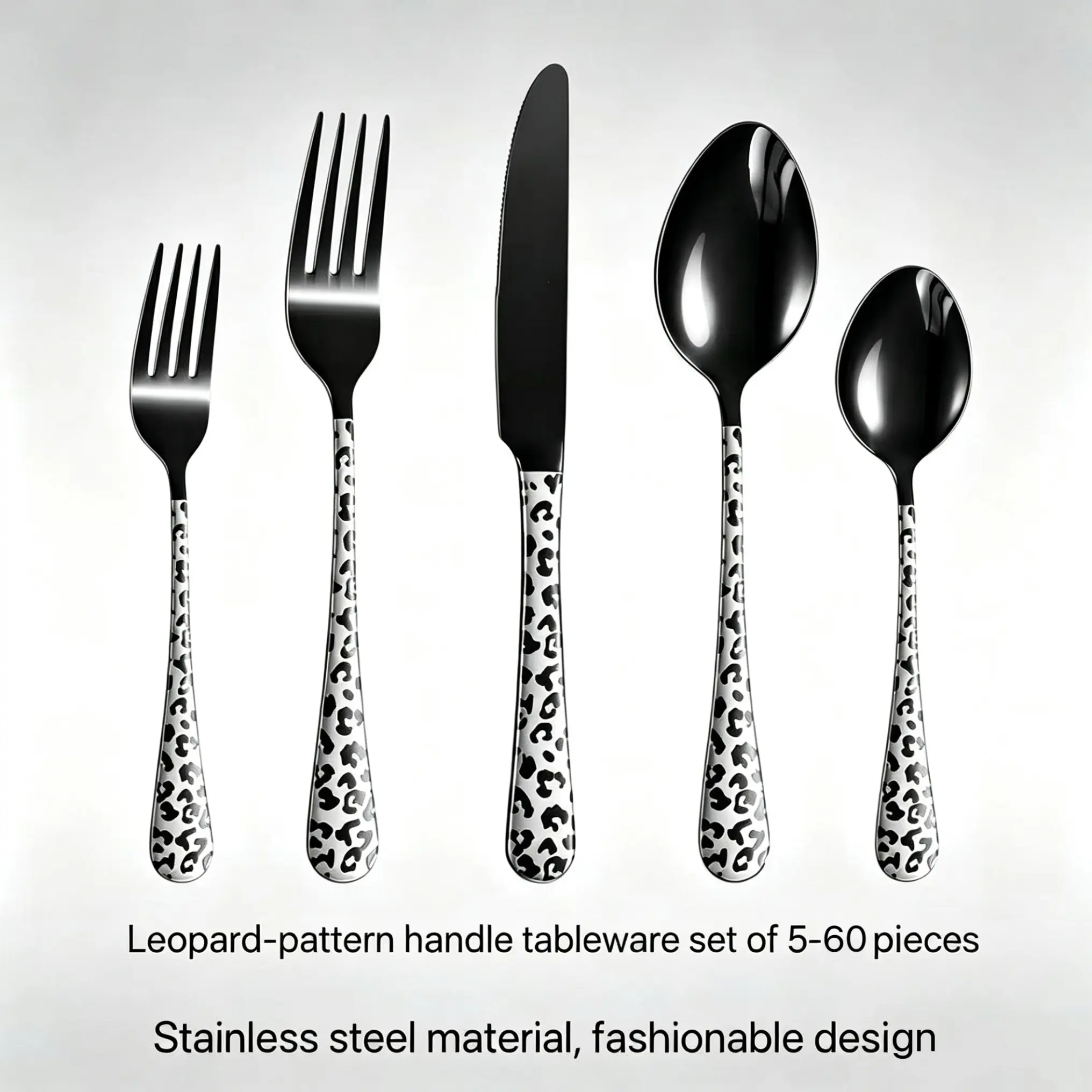 Luxury Leopard Print Tableware Set, Stainless Steel Spoon Fork Knife, Dishwasher Safe, Polished Finish, 5-60 Piece Set, Cutlery Set