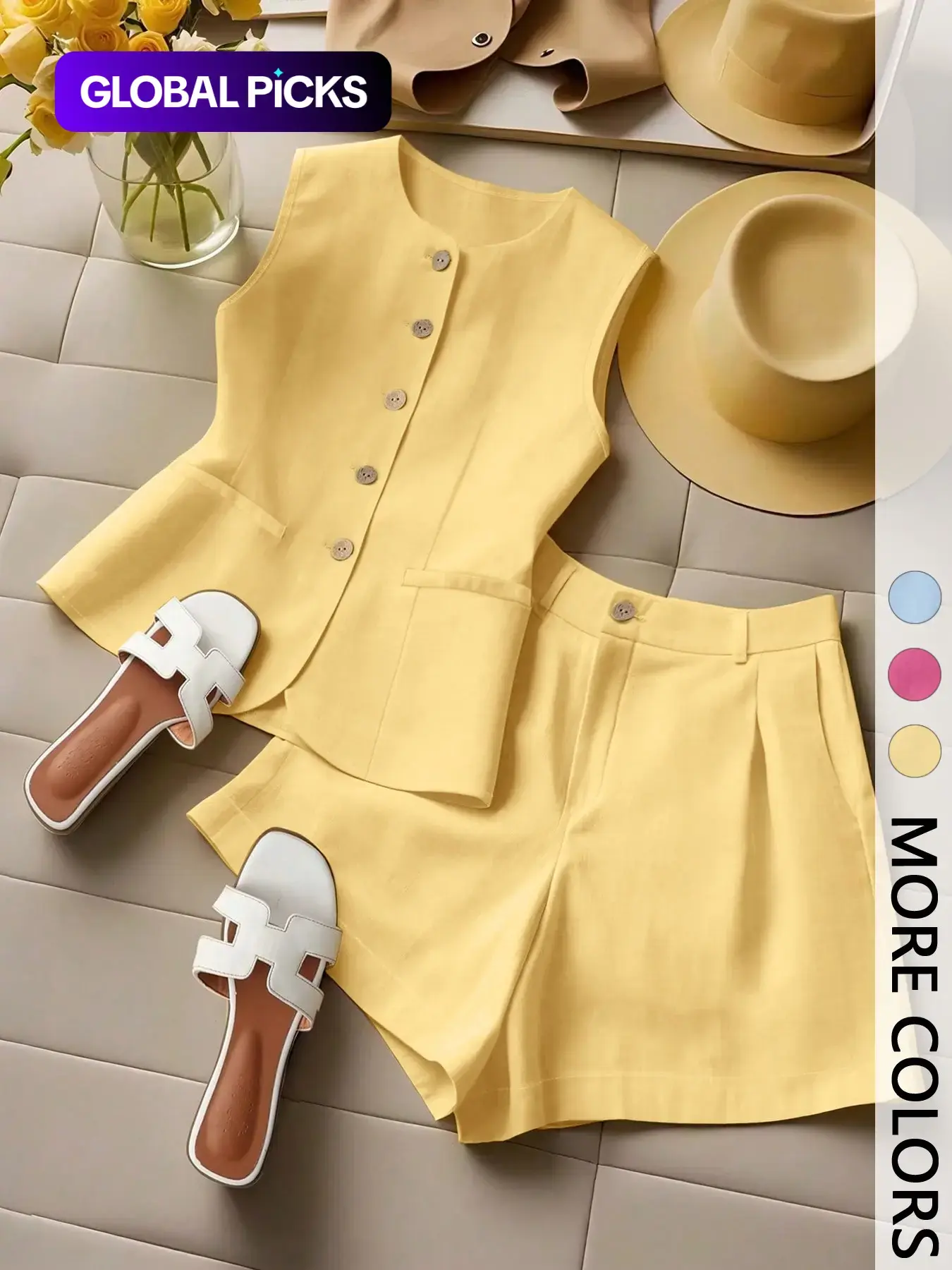 Women's Button Front Sleeveless Top & Shorts Set, Casual Comfortable Two-Piece Set, Fashion Chic Vacation Ensemble #GLOBAL PICKS