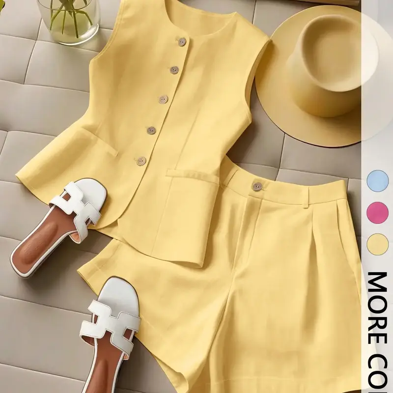 Women's Button Front Sleeveless Top & Shorts Set, Casual Comfortable Two-Piece Set, Fashion Chic Vacation Ensemble Outfit #GLOBAL PICKS