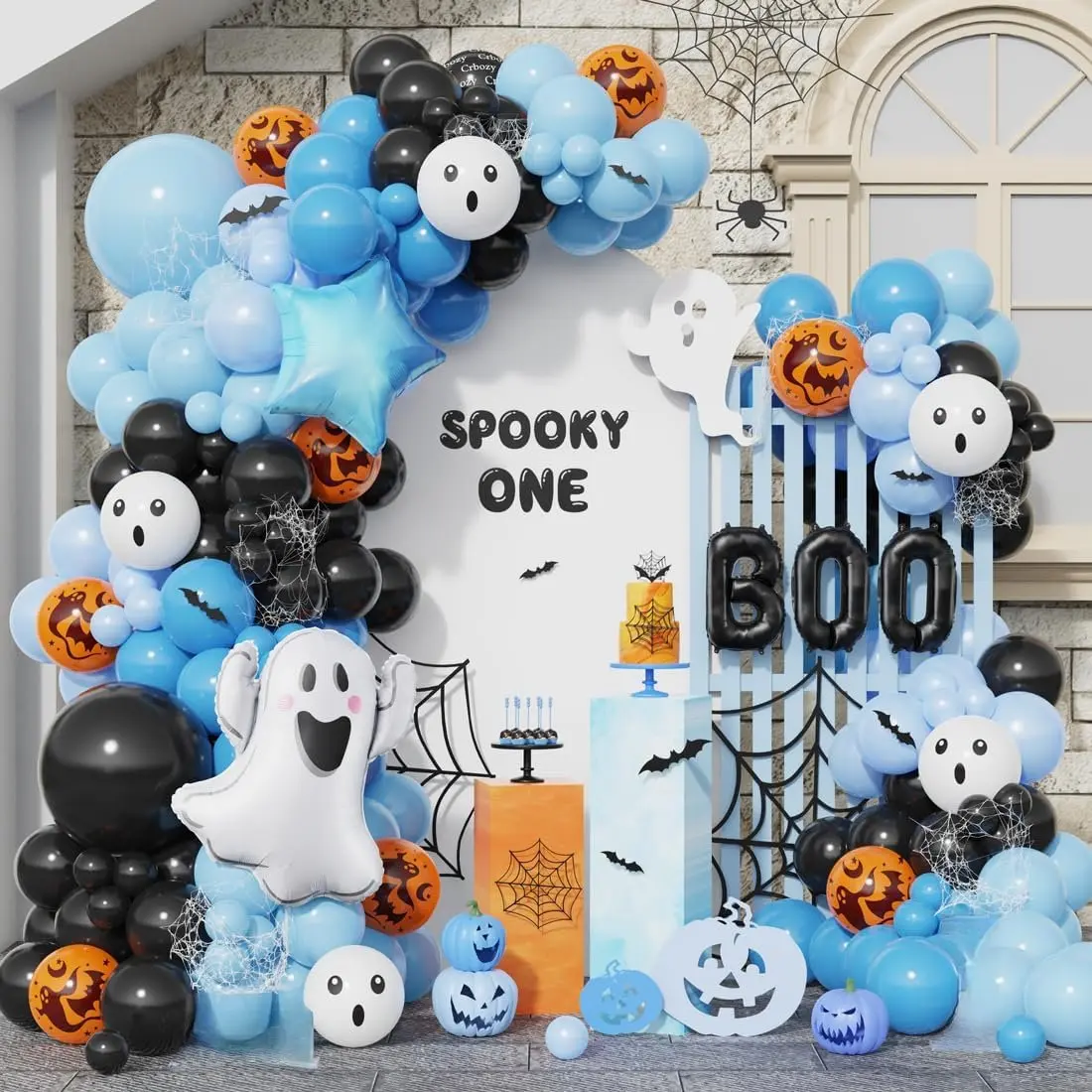 A Little Boo Is Almost Due Balloon Arch Kit, Black Blue Orange Latex Balloons with Boo and  Foil Balloons, 152 count for A Little Boo Is Almost Due  Shower Halloween Birthday Party Decorations