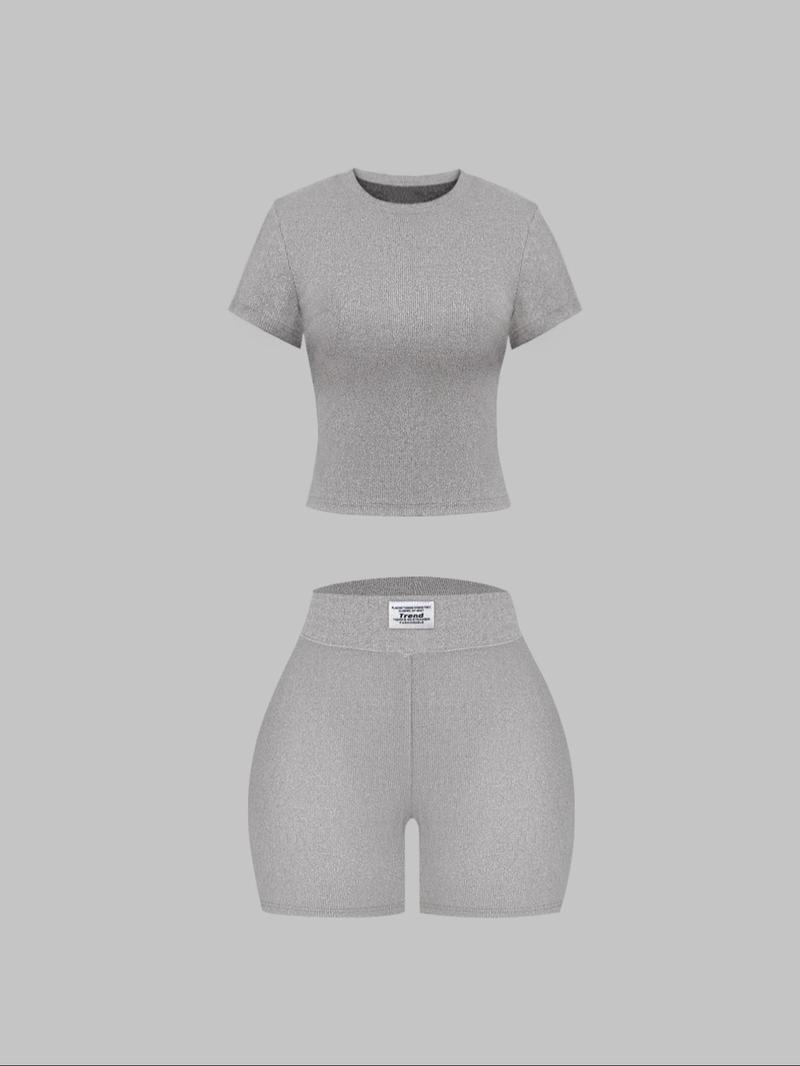 Women's Solid Short Sleeve Tee & Letter Patched Skinny Shorts Set, Casual Two-piece Set for Daily Wear, Ladies Clothes for All Seasons