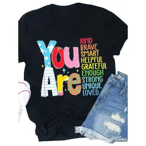 This Vibrant And Playful 'You Are Enough' Inspirational Teacher T-Shirt Features A Design With Stars And Lightning. It'S A Pure Top Suitable For Outdoor Summer, With Short Sleeves And Heat Transfer Printing