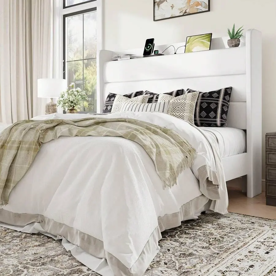 Velvet Winged Upholstered Bed Frame - Full/Queen Size, Space-Saving Storage Headboard with USB Charging Ports, Strong Legs, Solid Wooden Slats Support, No Box Spring Needed, 1-Person Assembly Required, White, Usb Port